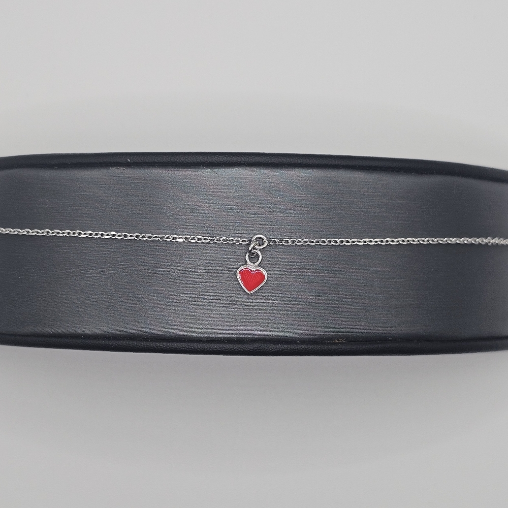 Sterling Silver 925 Rhodium Plated Rolo Link Red Enamel Heart Bracelet - Picture 3 of 15